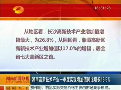 湖南高新技术产业一季度实现增加值同比增长16.5%