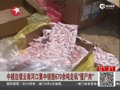 [视频]现场:云南销毁670余吨走私僵尸肉 部分变质发臭