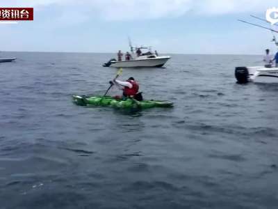 [视频]实拍男子海上钓鲨鱼 连人带小艇被拖下水