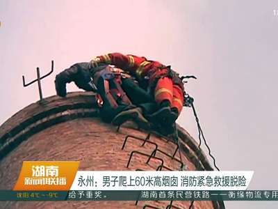 永州：男子爬上60米高烟囱 消防紧急救援脱险