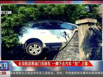 [视频]女司机误将油门当刹车 一脚下去汽车“挂”上墙