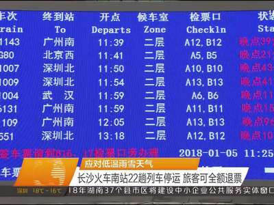 应对低温雨雪天气 长沙火车南站22趟列车停运 旅客可全额退票