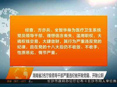 湖南省2名厅级领导干部严重违纪被开除党籍、开除公职